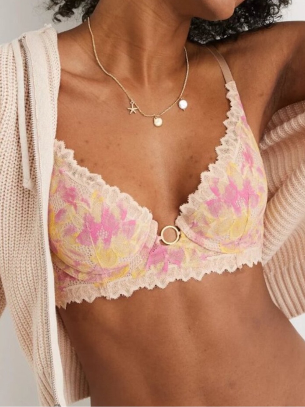aerie Lace Real Power Plunge Bra in Pink and Yellow Floral